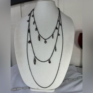 Long drippy three strand gun metal gray chain necklace